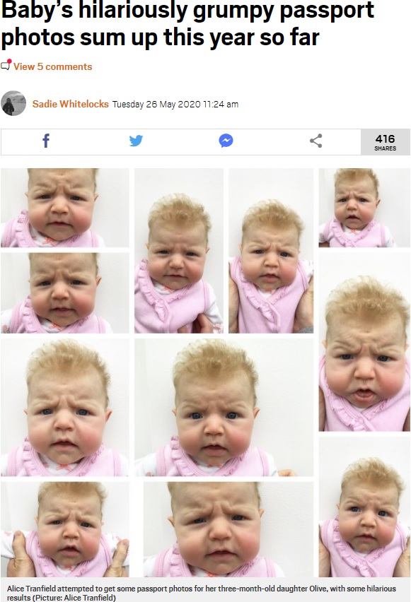 どの写真もしかめっ面の赤ちゃん（画像は『Metro　2020年5月26日付「Baby’s hilariously grumpy passport photos sum up this year so far」（Picture: Alice Tranfield）』のスクリーンショット）