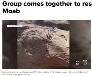 通りがかりの人も含め、協力してスティーブンさんをサマーのところまで下ろした（画像は『fox13now.com　2021年3月29日付「Group comes together to rescue dog in Moab」』のスクリーンショット）