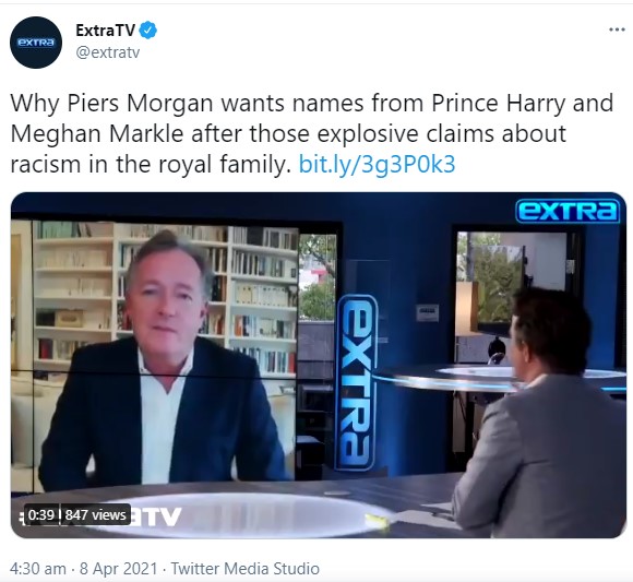 ビリー・ブッシュの質問に答えるピアース・モーガン（画像は『ExtraTV　2021年4月8日付Twitter「Why Piers Morgan wants names from Prince Harry and Meghan Markle after those explosive claims about racism in the royal family.」』のスクリーンショット）
