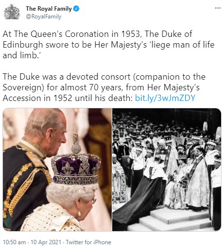 英王室史上最長となる73年間連れ添ったエリザベス女王とフィリップ王配（画像は『The Royal Family　2021年4月10日付Twitter「At The Queen’s Coronation in 1953, The Duke of Edinburgh swore to be Her Majesty’s ‘liege man of life and limb.’」』のスクリーンショット）