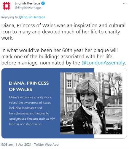ダイアナ妃のフラットがブルー・プラークに選ばれる（画像は『English Heritage　2021年4月1日付Twitter「Diana, Princess of Wales was an inspiration and cultural icon to many and devoted much of her life to charity work.」』のスクリーンショット）