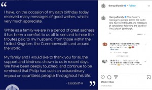 夫の死後初めて声明を発表したエリザベス女王（画像は『The Royal Family　2021年4月21日付Instagram「The Queen’s message to people across the world who have sent tributes and messages of condolence following the death of The Duke of Edinburgh.」』のスクリーンショット）