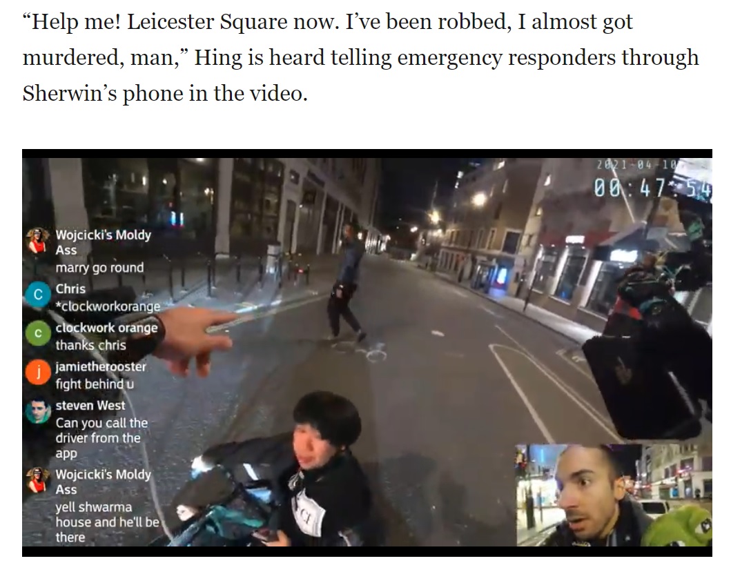 ユーチューバーが駆けつけても、執拗に自転車を盗もうとした男（画像は『Coconuts Singapore　2021年4月20日付「Singaporean student mugged in London streamed live on YouTube （Video）」（Photo: Sherwin/YouTube）』のスクリーンショット）