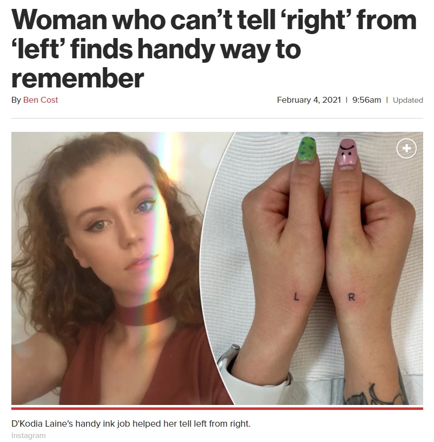 左右を区別するためにタトゥーを入れた女性（画像は『New York Post　2021年2月4日付「Woman who can’t tell ‘right’ from ‘left’ finds handy way to remember」（Instagram）』のスクリーンショット）