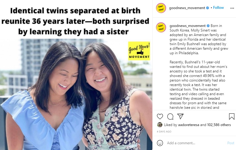 36年ぶりに再会した一卵性双生児の2人（画像は『Good News Movement　2021年4月18日付Instagram「Born in South Korea,」』のスクリーンショット）