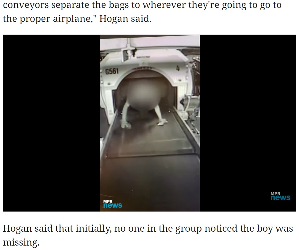 必死に装置から這い出す9歳男児（画像は『MPR News　2021年5月2日付「Child safe after getting into Twin Cities airport baggage system」』のスクリーンショット）