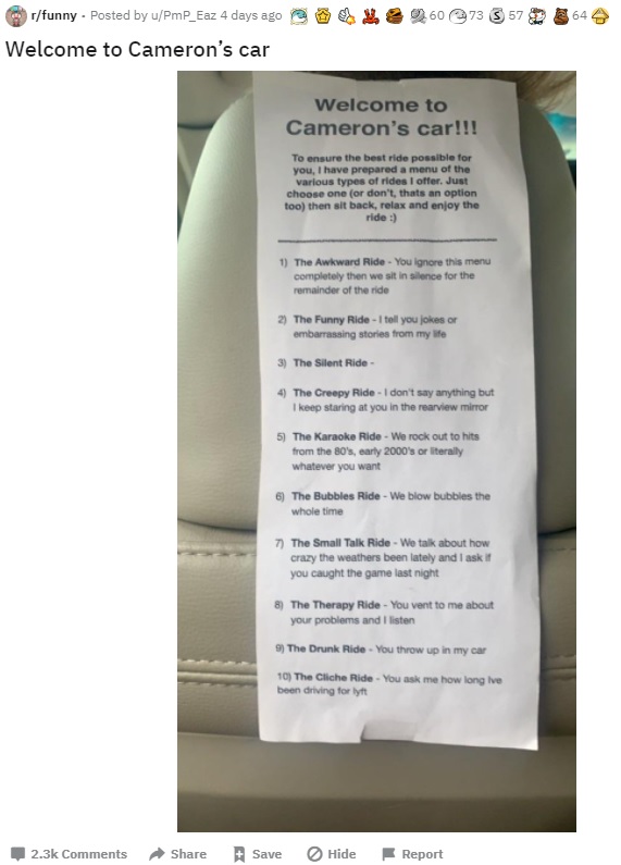 多くのユーザーがこのメニューに興味津々（画像は『PmP_Eaz　2021年4月30日付Reddit「Welcome to Cameron’s car」』のスクリーンショット）