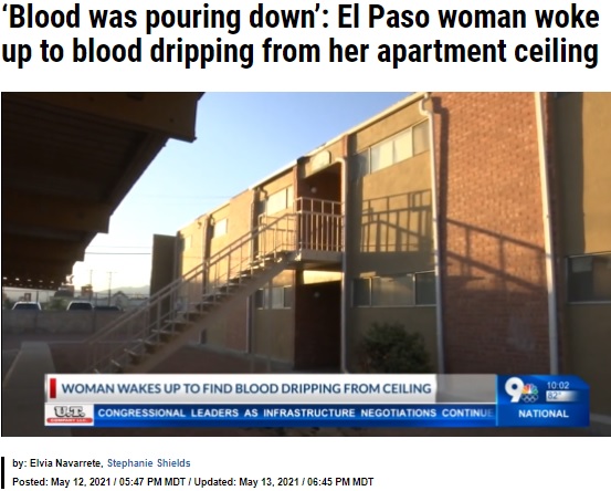 男性が亡くなっていた米テキサス州のアパート（画像は『KTSM 9 News　2021年5月12日付「‘Blood was pouring down’: El Paso woman woke up to blood dripping from her apartment ceiling」』のスクリーンショット）
