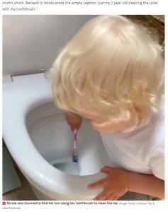 便器を磨くアイデン君の手にはニコラさんの歯ブラシが（画像は『Mirror　2021年5月3日付「Horrified mum realises her toddler has been cleaning the loo with her toothbrush」（Image: Family Lockdown Tips ＆ Ideas/Facebook）』のスクリーンショット）