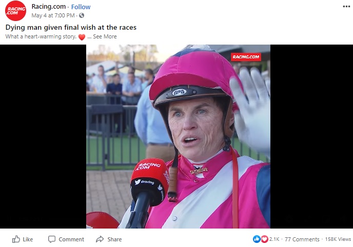 レースに勝利し、インタビューを受けるクレイグさん（画像は『Racing.com　2021年5月4日付Facebook「Dying man given final wish at the races」』のスクリーンショット）