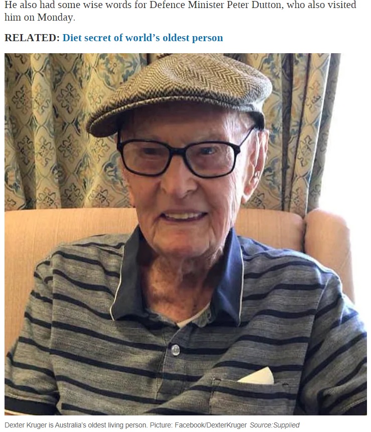111歳と124日を迎え、オーストラリア国内最高齢となったデクスターさん（画像は『news.com.au　2021年5月19日付「Australia’s oldest man says eating a particular type of food is the secret to a long life」（Source:Supplied）』のスクリーンショット）