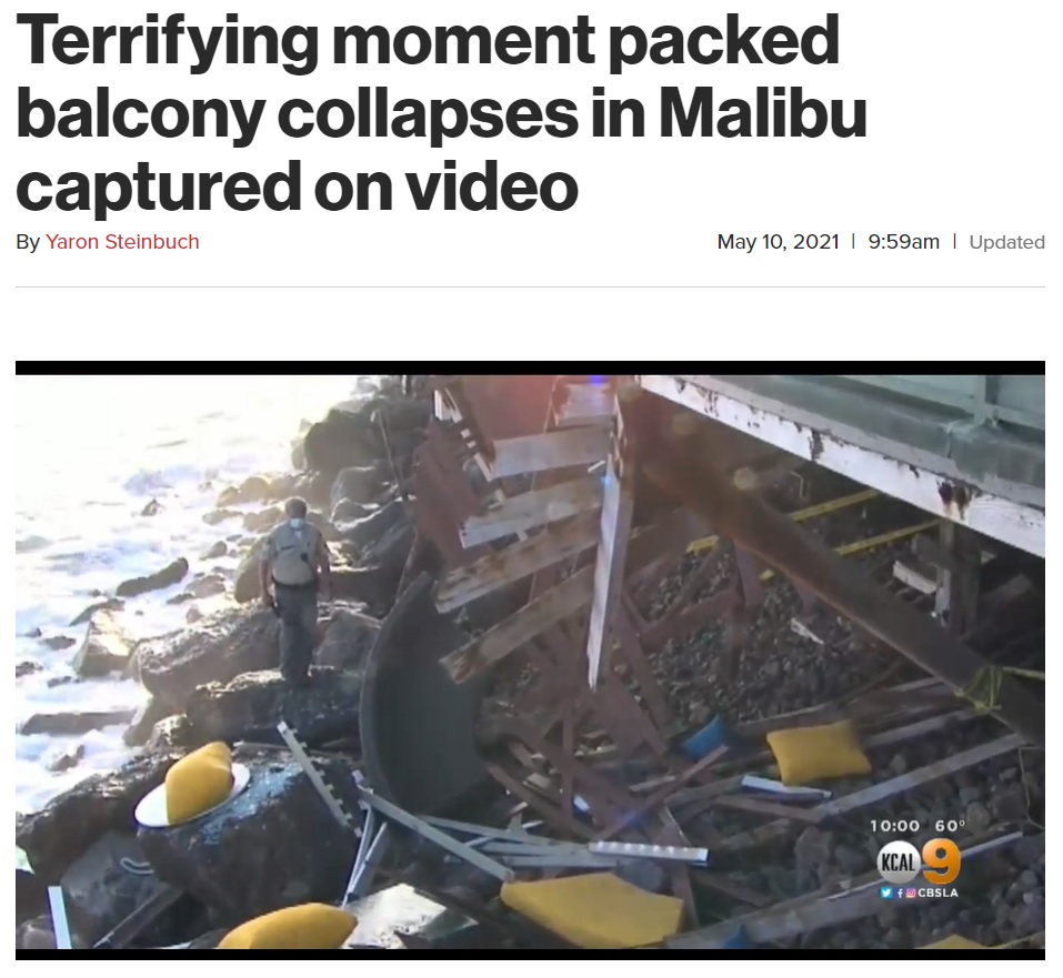 下にあった岩や割れたガラスにより6人が病院に搬送（画像は『New York Post　2021年5月10日付「Terrifying moment packed balcony collapses in Malibu captured on video」』のスクリーンショット）