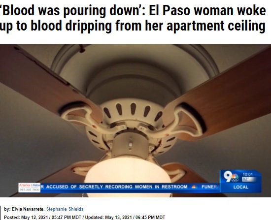 アナさんの寝室にあったシーリングファン（画像は『KTSM 9 News　2021年5月13日付「‘Blood was pouring down’: El Paso woman woke up to blood dripping from her apartment ceiling」』のスクリーンショット）