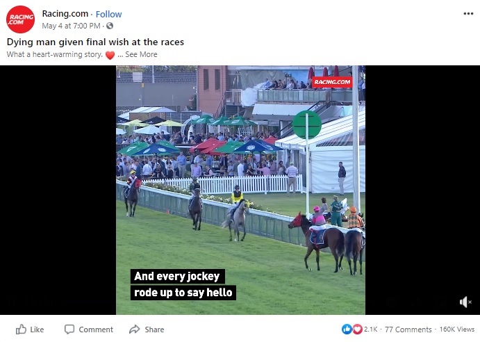 ナイジェルさんに挨拶をする騎手たち（画像は『Racing.com　2021年5月4日付Facebook「Dying man given final wish at the races」』のスクリーンショット）