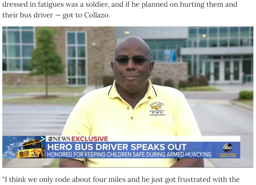 「子ども達の安全を第一に考えていた」とバス運転手（画像は『People.com　2021年5月21日付「Bus Driver Says Soldier Who Allegedly Hijacked Bus Full of Kindergartners Grew Weary of Students’ Questions」』のスクリーンショット）