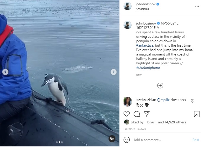 ボートに飛び乗ってきたペンギン（画像は『john bozinov　2020年2月16日付Instagram「66°55’02” S」』のスクリーンショット）
