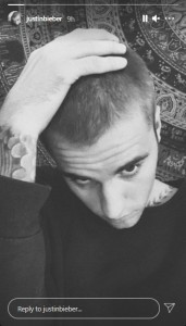 Instagramストーリーで公開した丸刈りの姿（画像は『Justin Bieber　2021年5月23日付Instagram』のスクリーンショット）