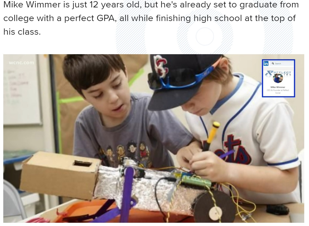 一番好きな科目はロボット工学と科学というマイク君（画像は『WCNC　2021年4月21日付「Salisbury 12-year-old set to graduate college with a 4.0 GPA」』のスクリーンショット）