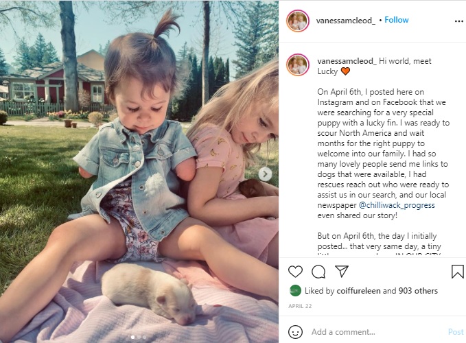 まだ小さなラッキーと遊ぶ姉妹（画像は『Vanessa McLeod　2021年4月22日付Instagram「Hi world, meet Lucky」』のスクリーンショット）