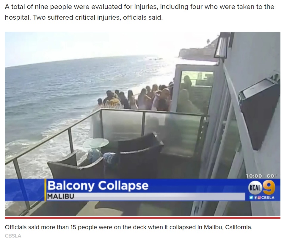 15人ほどがいた当時のバルコニー（画像は『New York Post　2021年5月10日付「Terrifying moment packed balcony collapses in Malibu captured on video」（CBSLA）』のスクリーンショット）