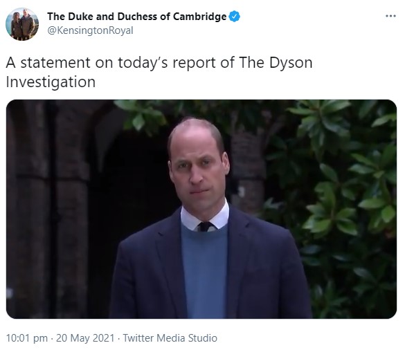 「両親の関係を悪化させた」とも語ったウィリアム王子（画像は『The Duke and Duchess of Cambridge　2021年5月20日付Twitter「A statement on today’s report of The Dyson Investigation」』のスクリーンショット）