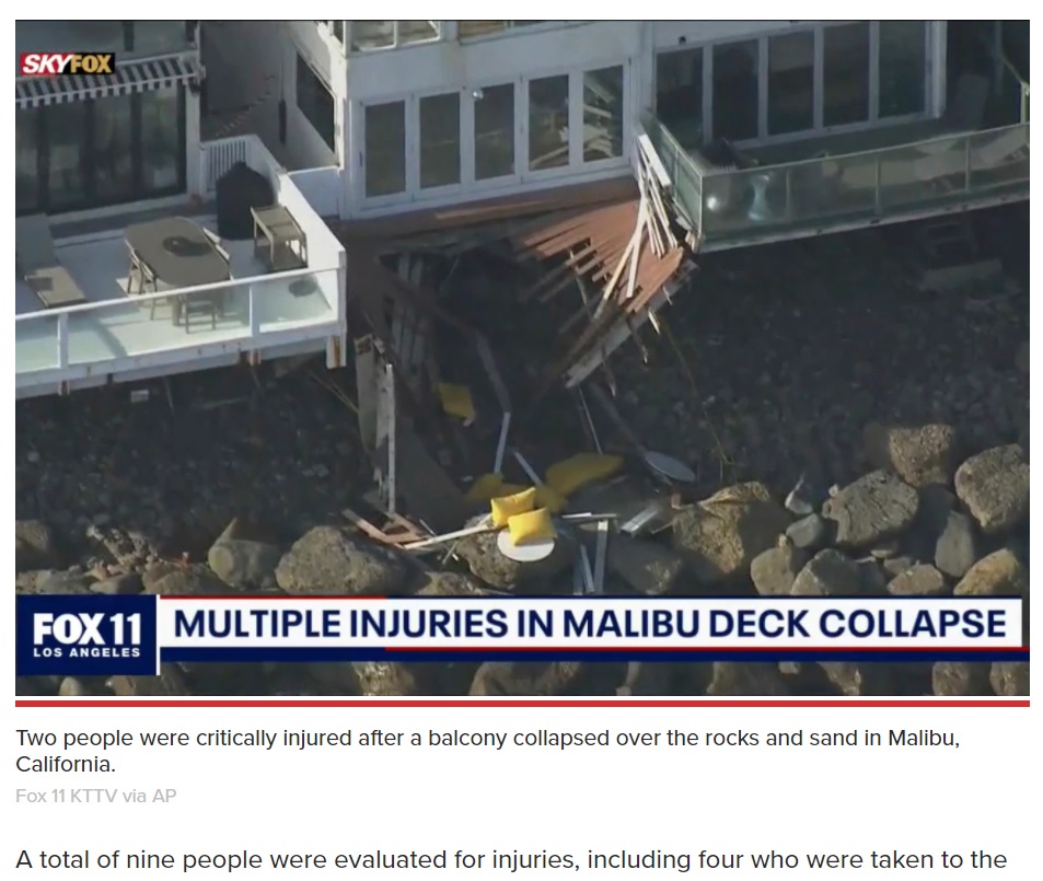 跡形もなく崩壊したバルコニー（画像は『New York Post　2021年5月10日付「Terrifying moment packed balcony collapses in Malibu captured on video」（Fox 11 KTTV via AP）』のスクリーンショット）
