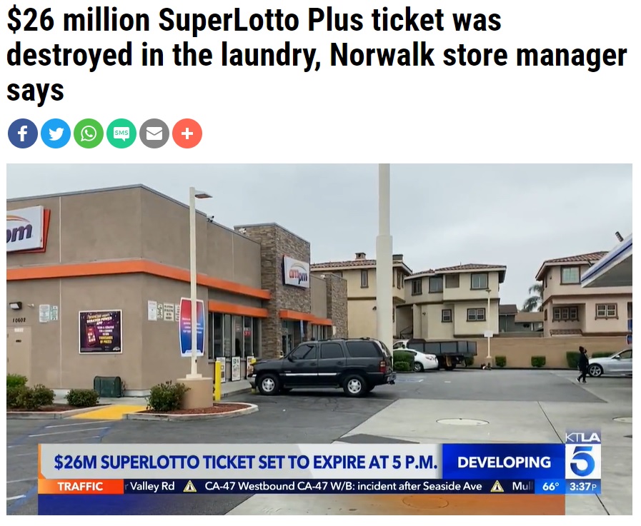 監視カメラの映像を提供したコンビニ（画像は『KTLA　2021年5月13日付「＄26 million SuperLotto Plus ticket was destroyed in the laundry, Norwalk store manager says」』のスクリーンショット）
