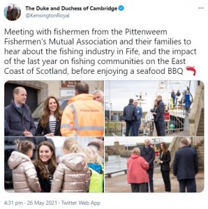 ファイフ州の漁師や家族達と交流するウィリアム王子夫妻（画像は『The Duke and Duchess of Cambridge　2021年5月26日付Twitter「Meeting with fishermen from the Pittenweem Fishermen’s Mutual Association and their families to hear about the fishing industry in Fife」』のスクリーンショット）