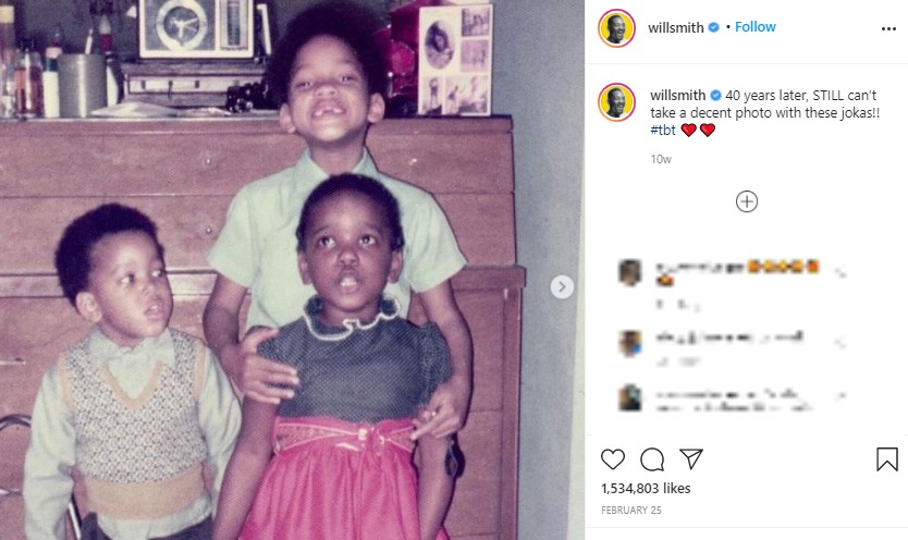 子供の頃のハリーさん（左）＆エレンさん（右）とウィル（画像は『Will Smith　2021年2月25日付Instagram「40 years later, STILL can’t take a decent photo with these jokas!!」』のスクリーンショット）
