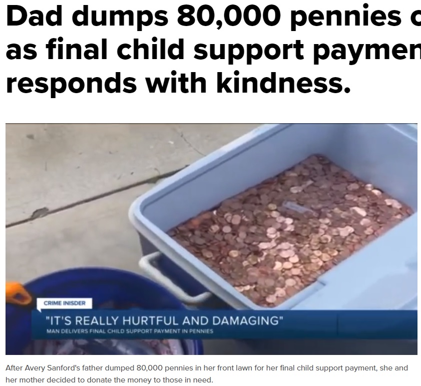 8万枚の硬貨で支払われた最後の養育費（画像は『WTVR.com　2021年6月12日付「Dad dumps 80,000 pennies on mom’s lawn as final child support payment. His daughter responds with kindness.」』のスクリーンショット）