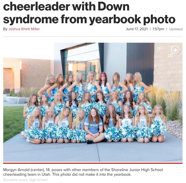 使用されるはずだったチアリーディングチームの集合写真（画像は『New York Post　2021年6月17日付「Utah school excludes cheerleader with Down syndrome from yearbook photo」（Shoreline Junior High School）』のスクリーンショット）