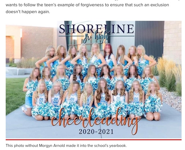 掲載された集合写真にモーギンさんの姿はなかった（画像は『New York Post　2021年6月17日付「Utah school excludes cheerleader with Down syndrome from yearbook photo」』のスクリーンショット）