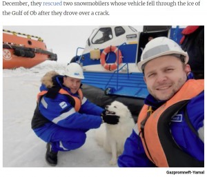 船員たちにすっかり懐いた様子のアイカ（画像は『The Moscow Times　2021年6月8日付「Russia Arctic Sailors Rescue Lost Dog After Weeklong Search」（Gazpromneft-Yamal）』のスクリーンショット）