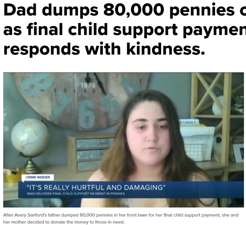信じられないような父親の行動に大人の対応を見せたアベリーさん（画像は『WTVR.com　2021年6月12日付「Dad dumps 80,000 pennies on mom’s lawn as final child support payment. His daughter responds with kindness.」』のスクリーンショット）
