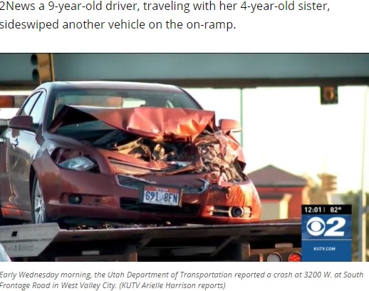 9歳女児が運転していた車（画像は『KUTV　2021年6月2日付「9-year-old driver, 4-year-old passenger, crash into semi in Utah」（Photo: KUTV）』のスクリーンショット）