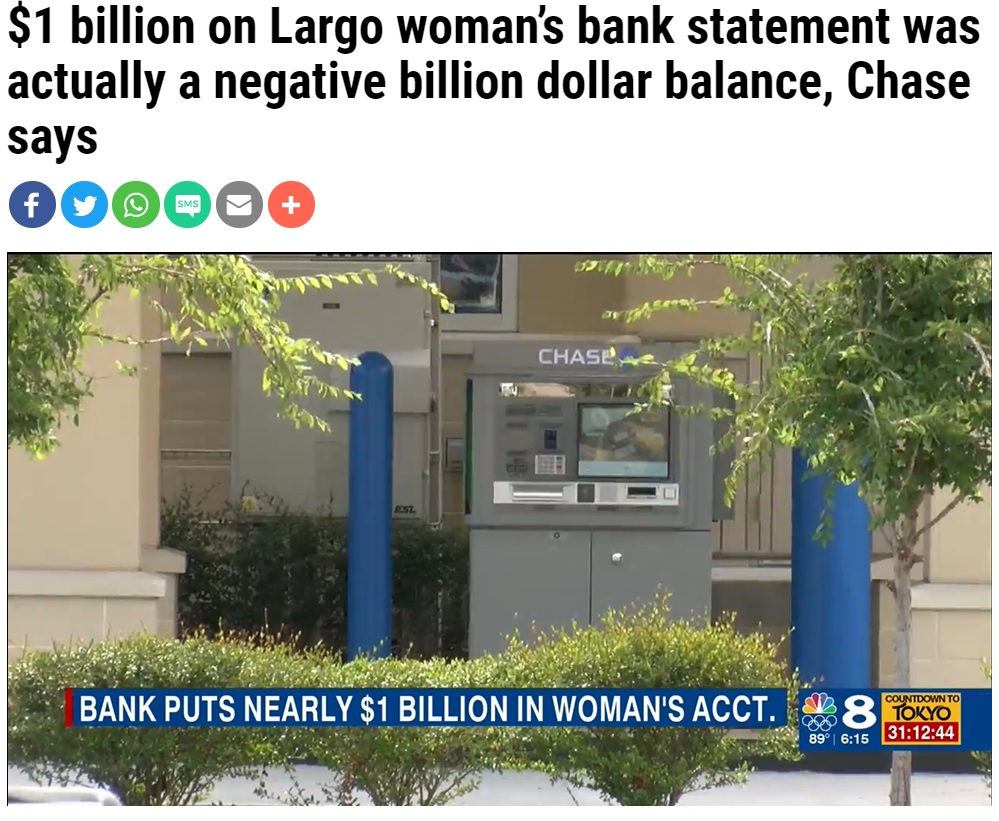 謎の大金は、銀行側の詐欺被害防止策だった（画像は『WFLA　2021年6月23日付「＄1 billion on Largo woman’s bank statement was actually a negative billion dollar balance, Chase says」』のスクリーンショット）