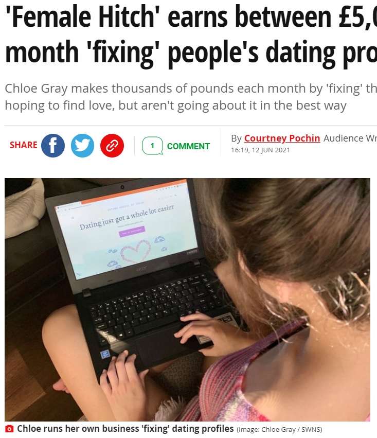 多数の依頼が殺到し、ビジネスとして立ち上げることに（画像は『Mirror　2021年6月12日付「‘Female Hitch’ earns between ￡5,000 and ￡7,000 a month ‘fixing’ people’s dating profiles」（Image: Chloe Gray / SWNS）』のスクリーンショット）