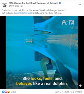 泳ぎ方も本物と見分けがつかないほど（画像は『PETA（People for the Ethical Treatment of Animals）　2021年6月7日付Facebook「Could this robot dolphin be the reason SeaWorld changes forever?!」』のスクリーンショット）