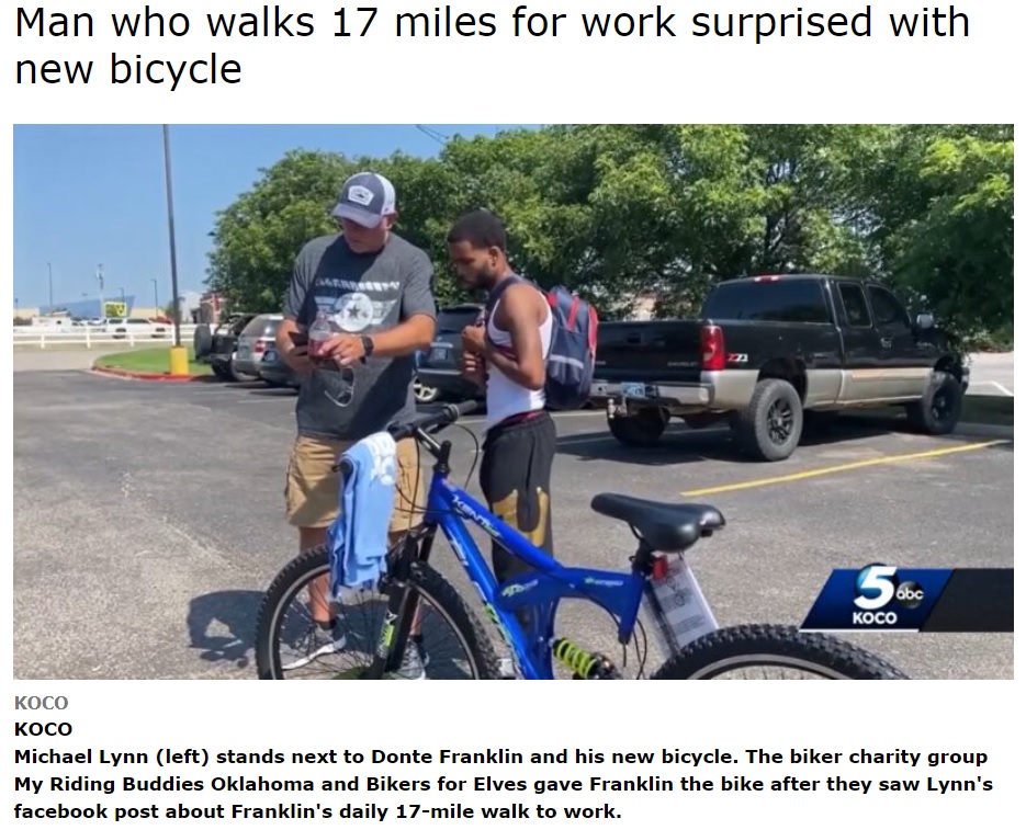 新しい自転車に「天の恵み」と感謝を述べたドンテさん（画像は『KESQ　2021年6月21日付「Man who walks 17 miles for work surprised with new bicycle」』のスクリーンショット）