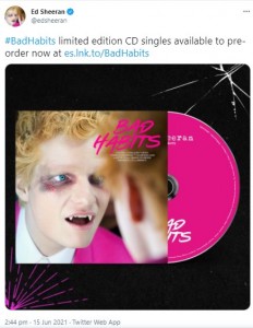 今月25日リリースされるニューシングル『Bad Habits』（画像は『Ed Sheeran　2021年6月15日付Twitter「＃BadHabits limited edition CD singles available to pre-order now」』のスクリーンショット）