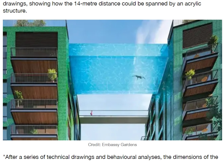 5月にオープンした“スカイプール”（画像は『LADbible　2021年6月1日付「‘World’s First’ Floating Transparent Pool Opens In London」（Credit: Embassy Gardens）』のスクリーンショット）