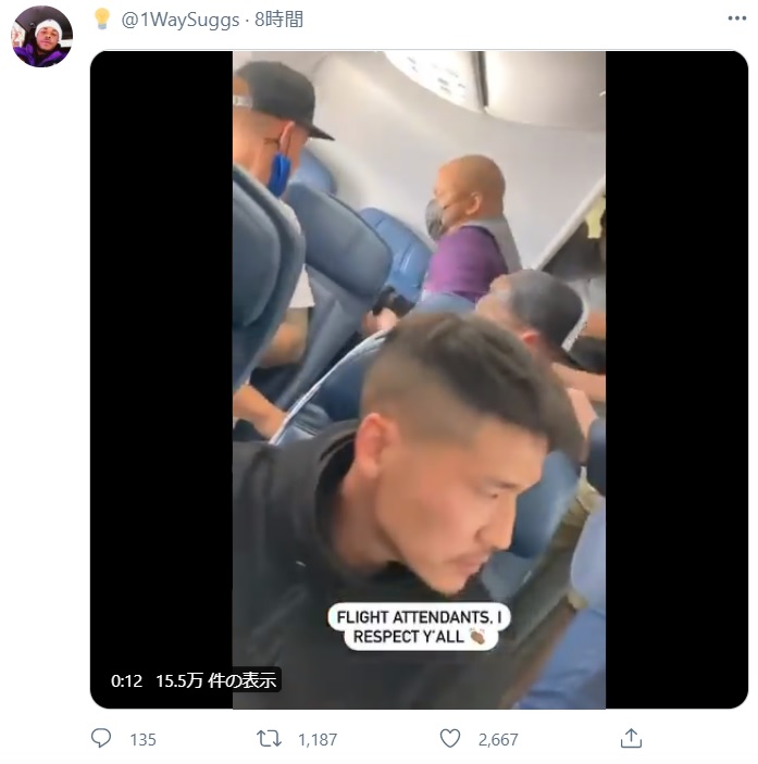 犯人を座席に押さえつける客室乗務員（画像は『1WaySuggs　2021年6月5日付Twitter』のスクリーンショット）
