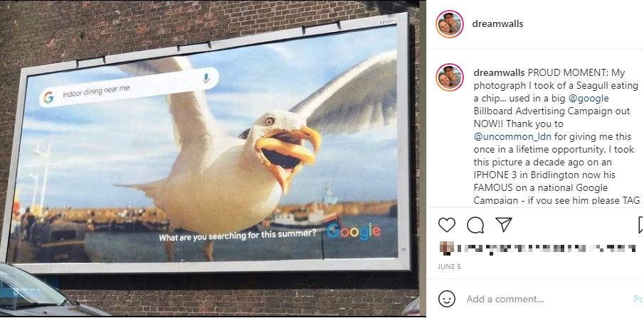 Googleの広告に起用されたカモメがフライドポテトをくわえて去る写真（画像は『Hannah Huxford　2021年6月5日付Instagram「PROUD MOMENT」』のスクリーンショット）