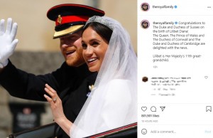 ロイヤルファミリーが公開した祝福メッセージ（画像は『The Royal Family　2021年6月6日付Instagram「Congratulations to The Duke and Duchess of Sussex on the birth of Lilibet Diana!」』のスクリーンショット）