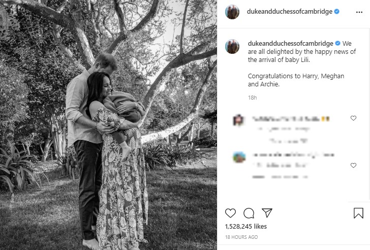 「私達全員が歓喜している」とウィリアム王子夫妻（画像は『Duke and Duchess of Cambridge　2021年6月6日付Instagram「We are all delighted by the happy news of the arrival of baby Lili.」』のスクリーンショット）