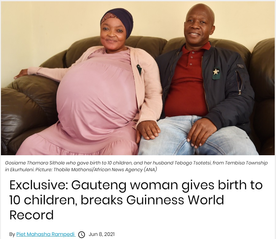 お腹に10人の子がいたシトレさんと夫（画像は『IOL　2021年6月8日付「Exclusive: Gauteng woman gives birth to 10 children, breaks Guinness World Record」（Picture: Thobile Mathonsi/African News Agency（ANA））』のスクリーンショット）