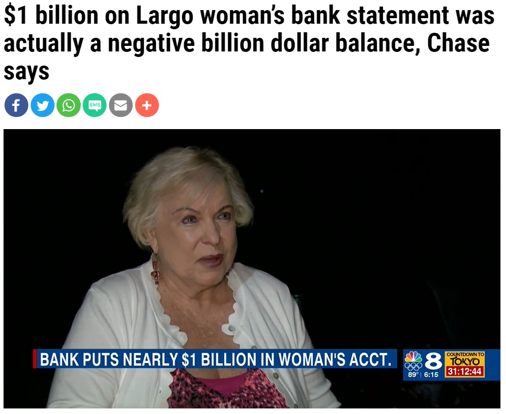 突然の大金に困惑したジュリアさん（画像は『WFLA　2021年6月23日付「＄1 billion on Largo woman’s bank statement was actually a negative billion dollar balance, Chase says」』のスクリーンショット）