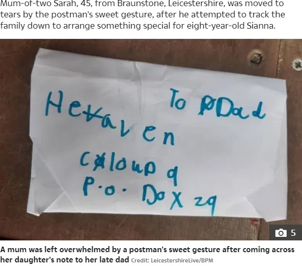 8歳女児が郵便ポストに投函した手紙（画像は『The Sun　2021年6月23日付「PERFECT POST Mum ‘overwhelmed’ at kind-hearted postman’s reply to her eight-year-old’s letter to ‘dad in heaven’」（Credit: LeicestershireLive/BPM）』のスクリーンショット）