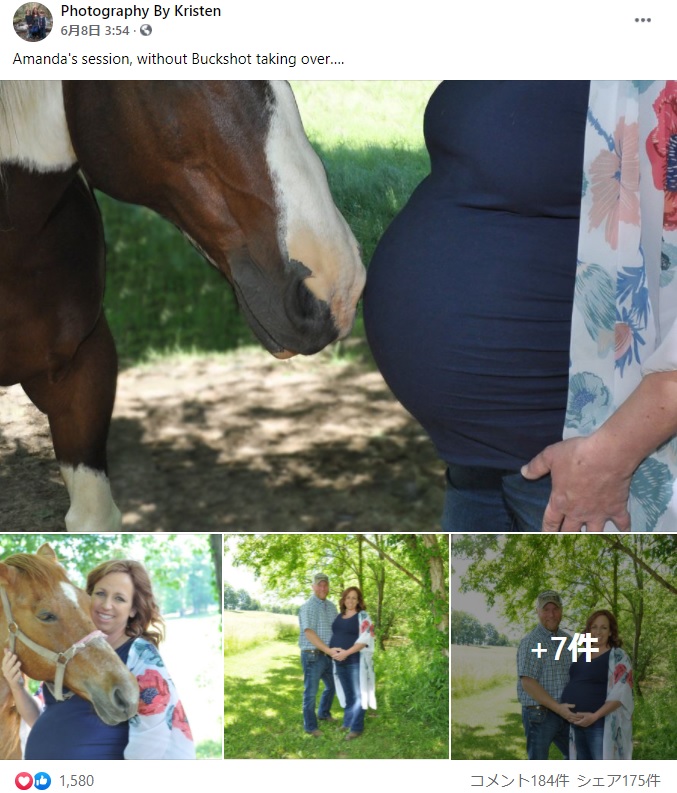 他の馬とも素敵なマタニティフォトを撮影したアマンダさんとフィリップさん（画像は『Photography By Kristen　2021年6月8日付Facebook「Amanda’s session, without Buckshot taking over…」』のスクリーンショット）