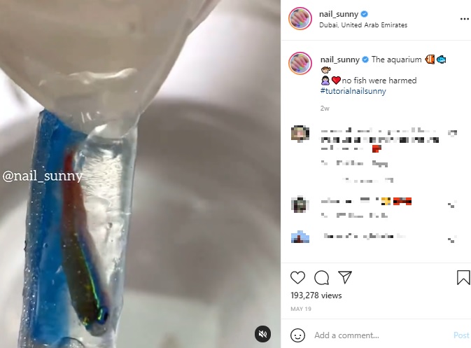ネイルに生きた魚を入れ、非難が殺到（画像は『МАНИКЮР 1200₽ ПЕДИКЮР 1700₽　2021年5月19日付Instagram「The aquarium」』のスクリーンショット）